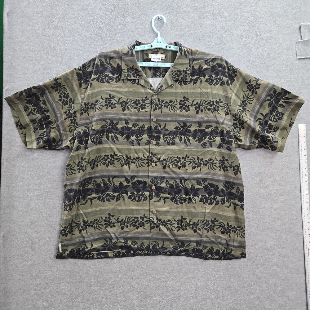 Tommy Bahama Men Button Up Shirt 2XL Green 100% Silk Floral Hawaiian Collar‎